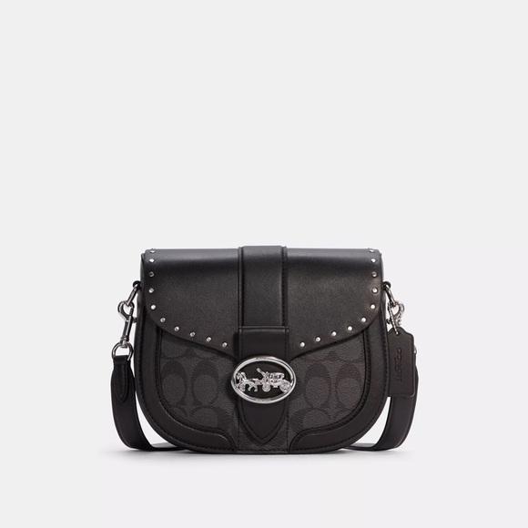 NEW Coach Georgie Saddle Bag In Colorblock Signature Canvas With Rivets Black - Picture 1 of 10